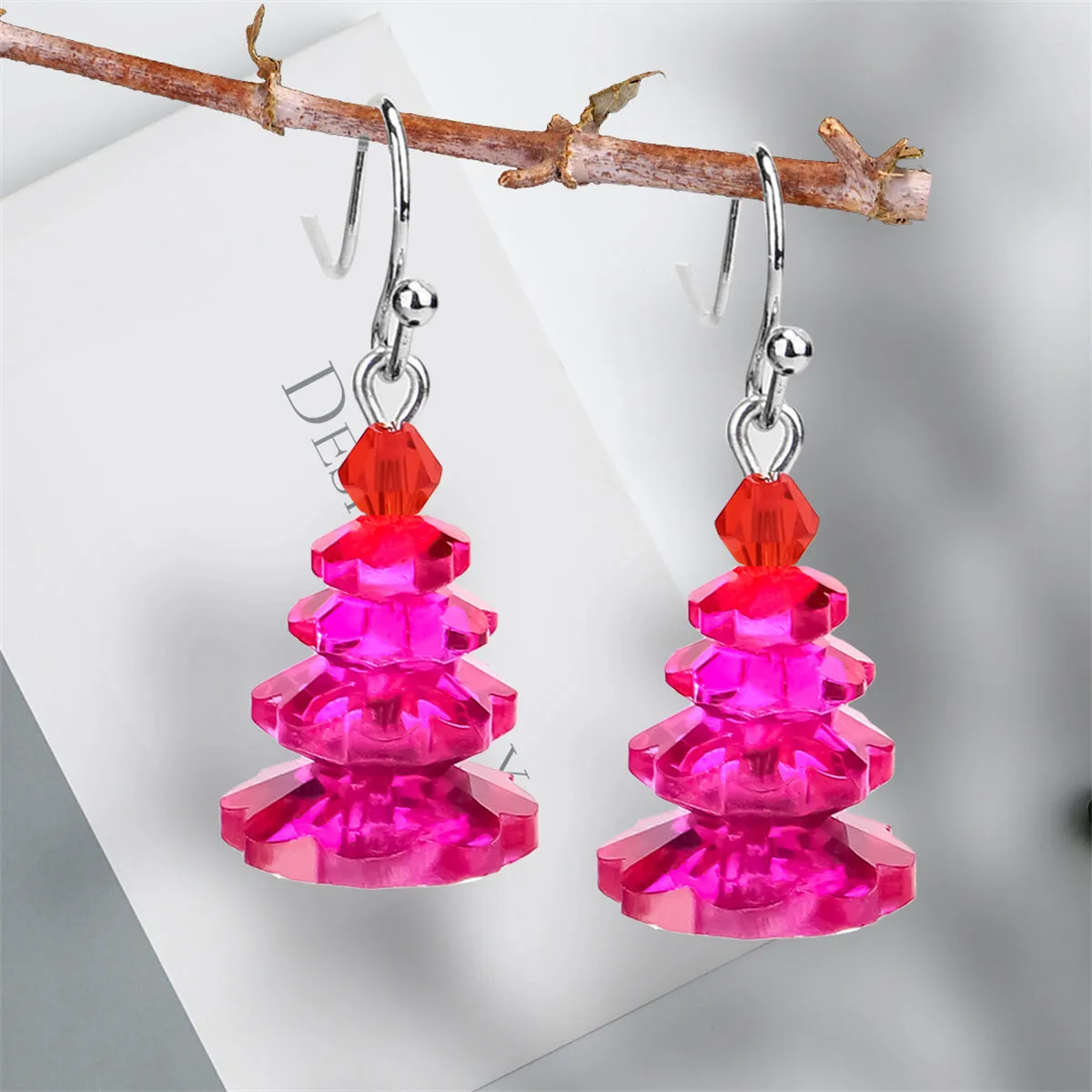 Rose Crystal & Red Stacked Festive Tree Drop Earrings