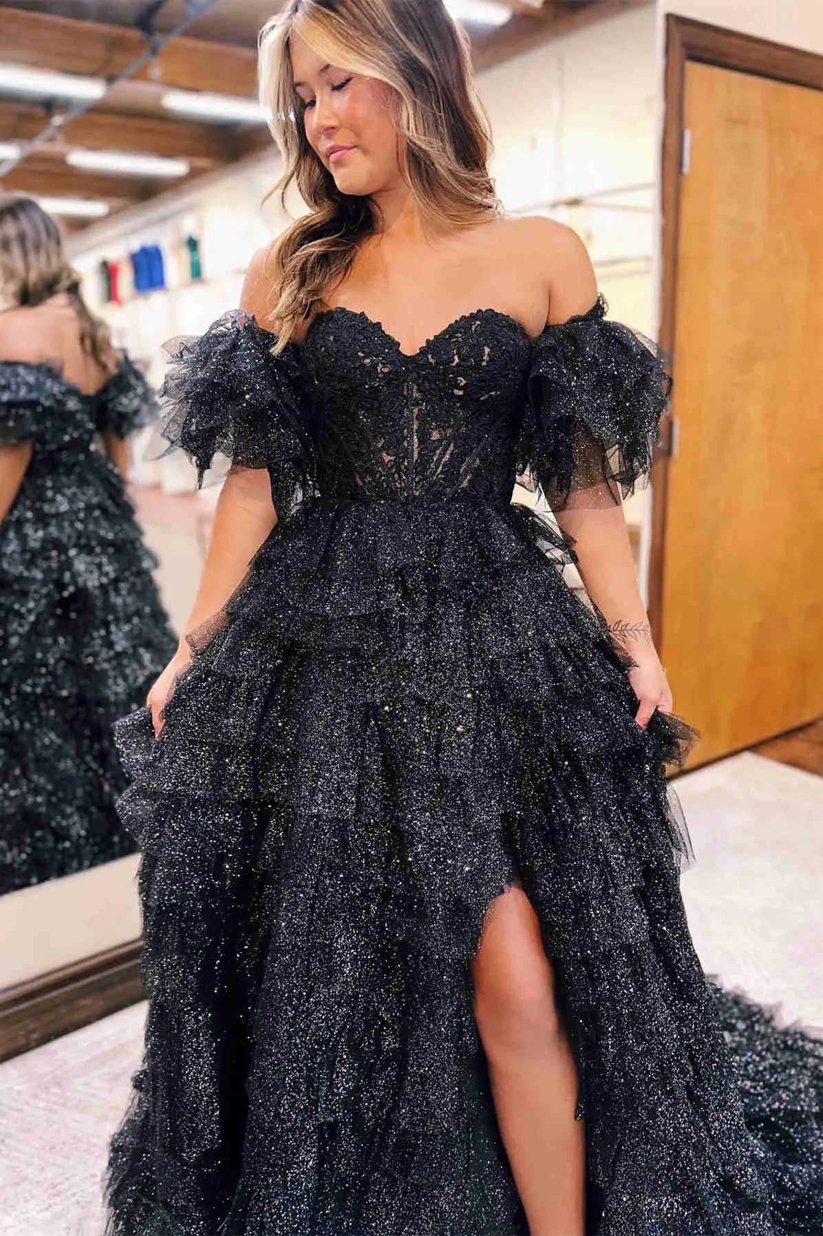 Roycebridal Ariya |A line Off-the-Shoulder Glitter Tulle Prom Dress with Slit