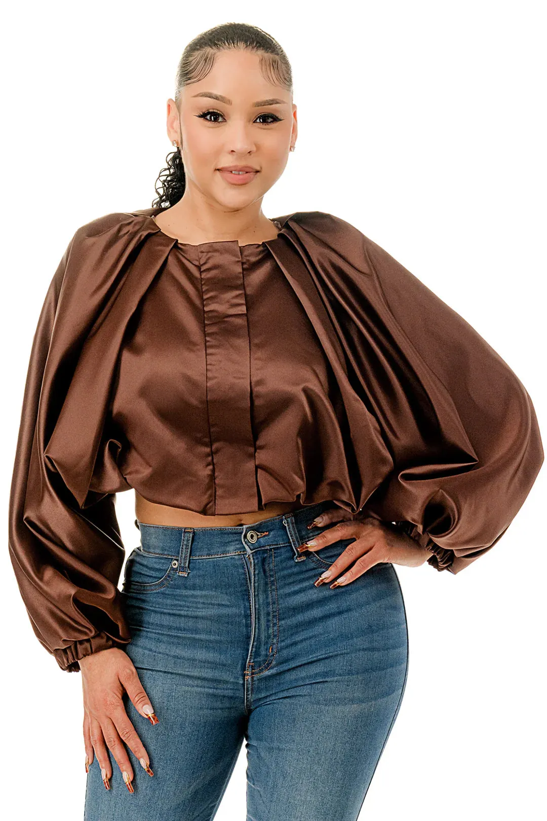 Satin Soft Crop Bubble Sleeve Top