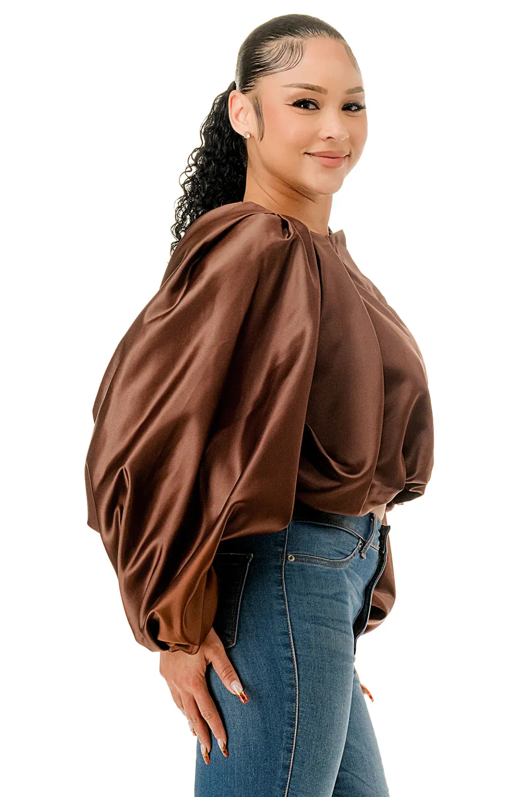 Satin Soft Crop Bubble Sleeve Top