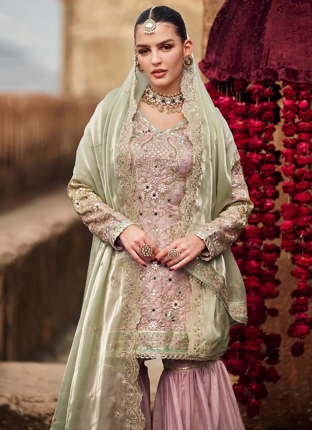 Soft Purple Embroidered Silk Gharara Suit