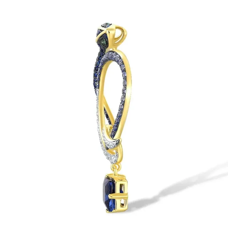 Sparkling Blue Stone Cute Snake Yellow Gold Pendant