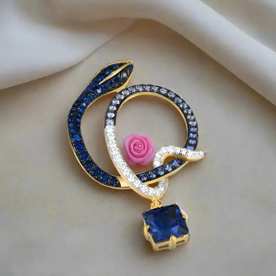 Sparkling Blue Stone Cute Snake Yellow Gold Pendant