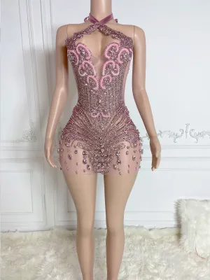 Sparkling Pink V Neck Mini Dress