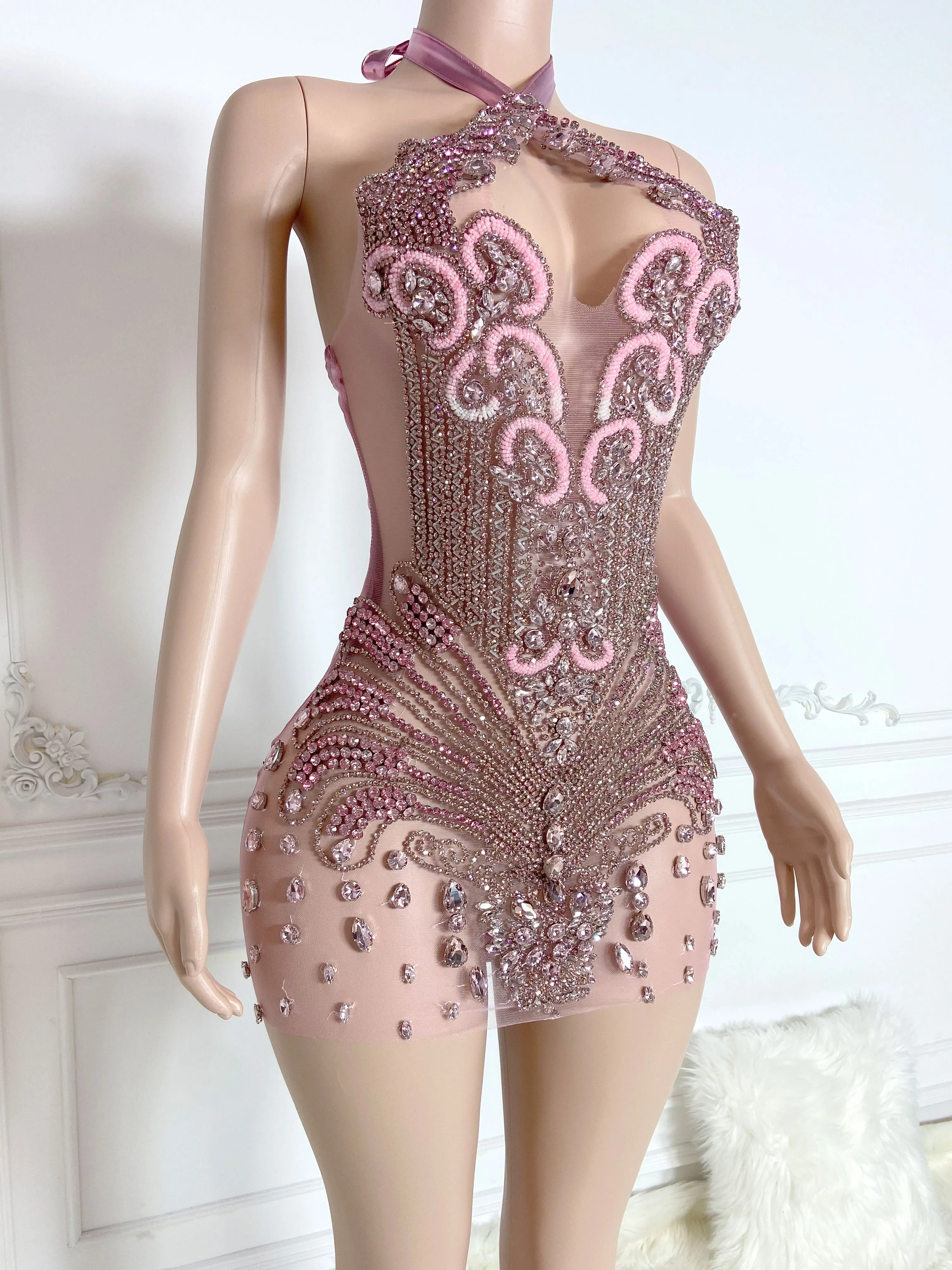 Sparkling Pink V Neck Mini Dress