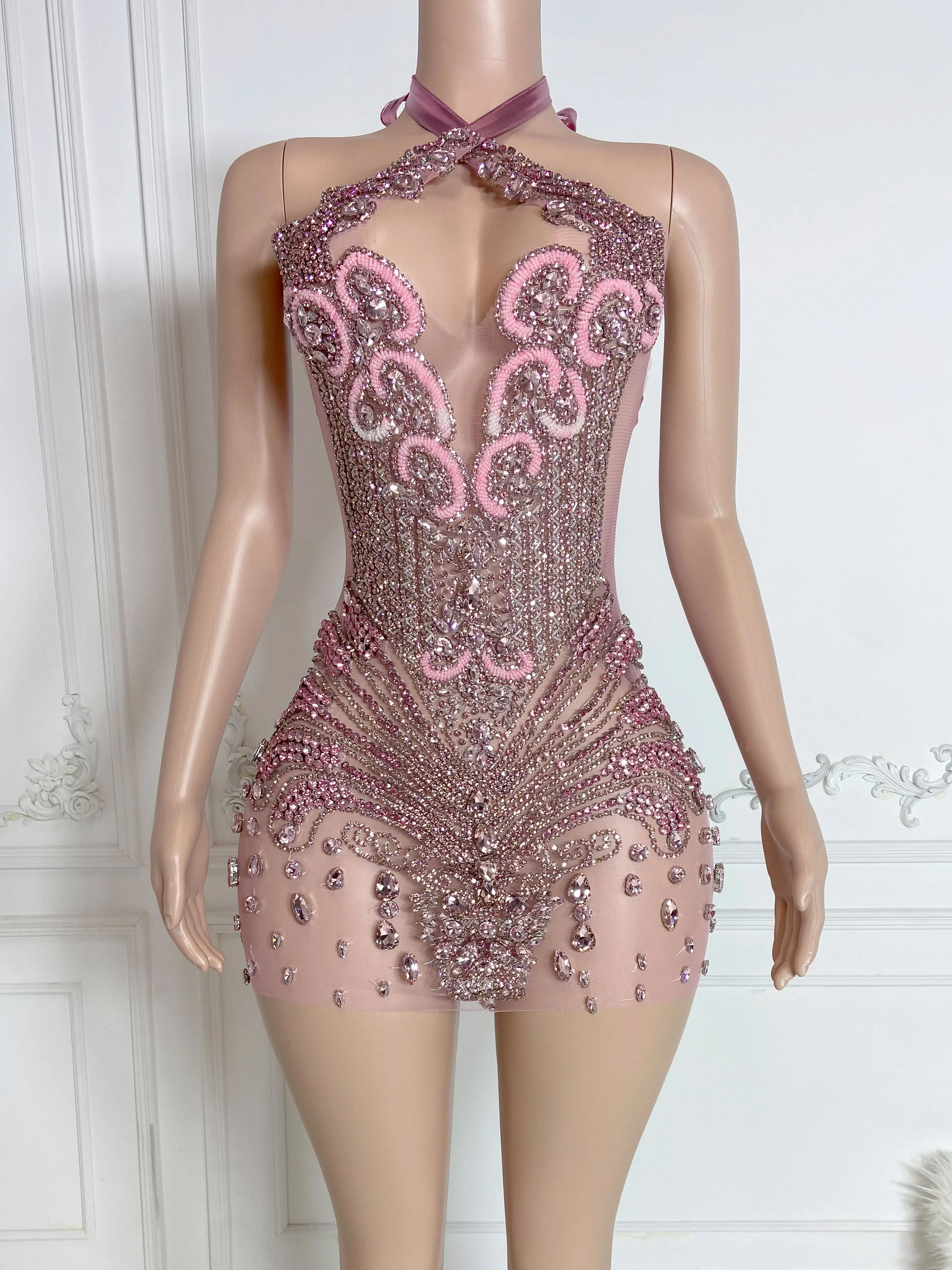 Sparkling Pink V Neck Mini Dress