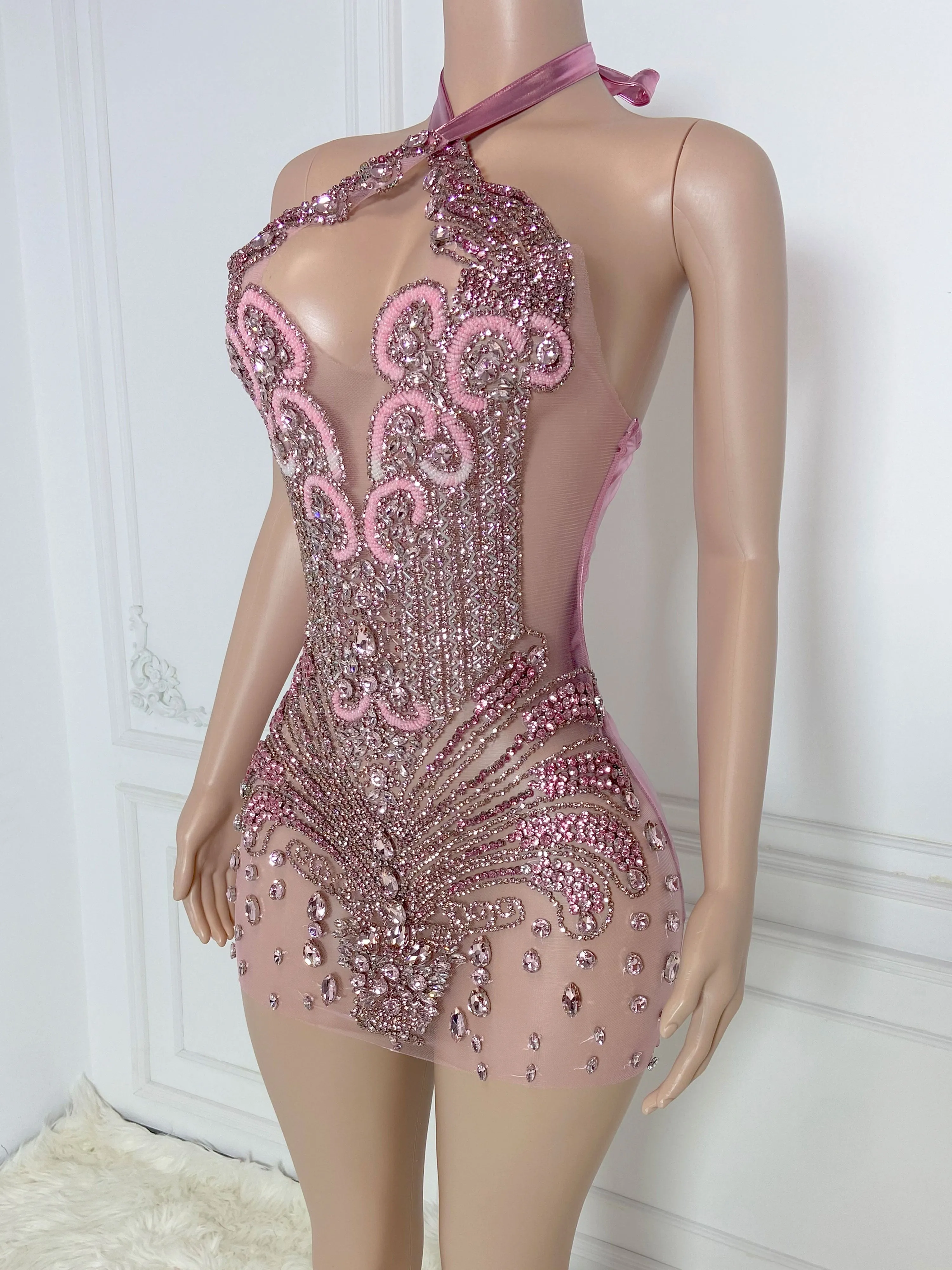 Sparkling Pink V Neck Mini Dress
