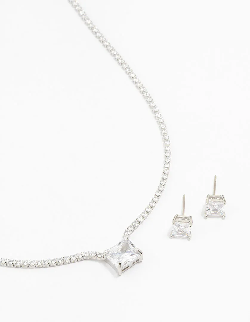 Square Silver Cubic Zirconia Necklace & Stud Earrings Pack