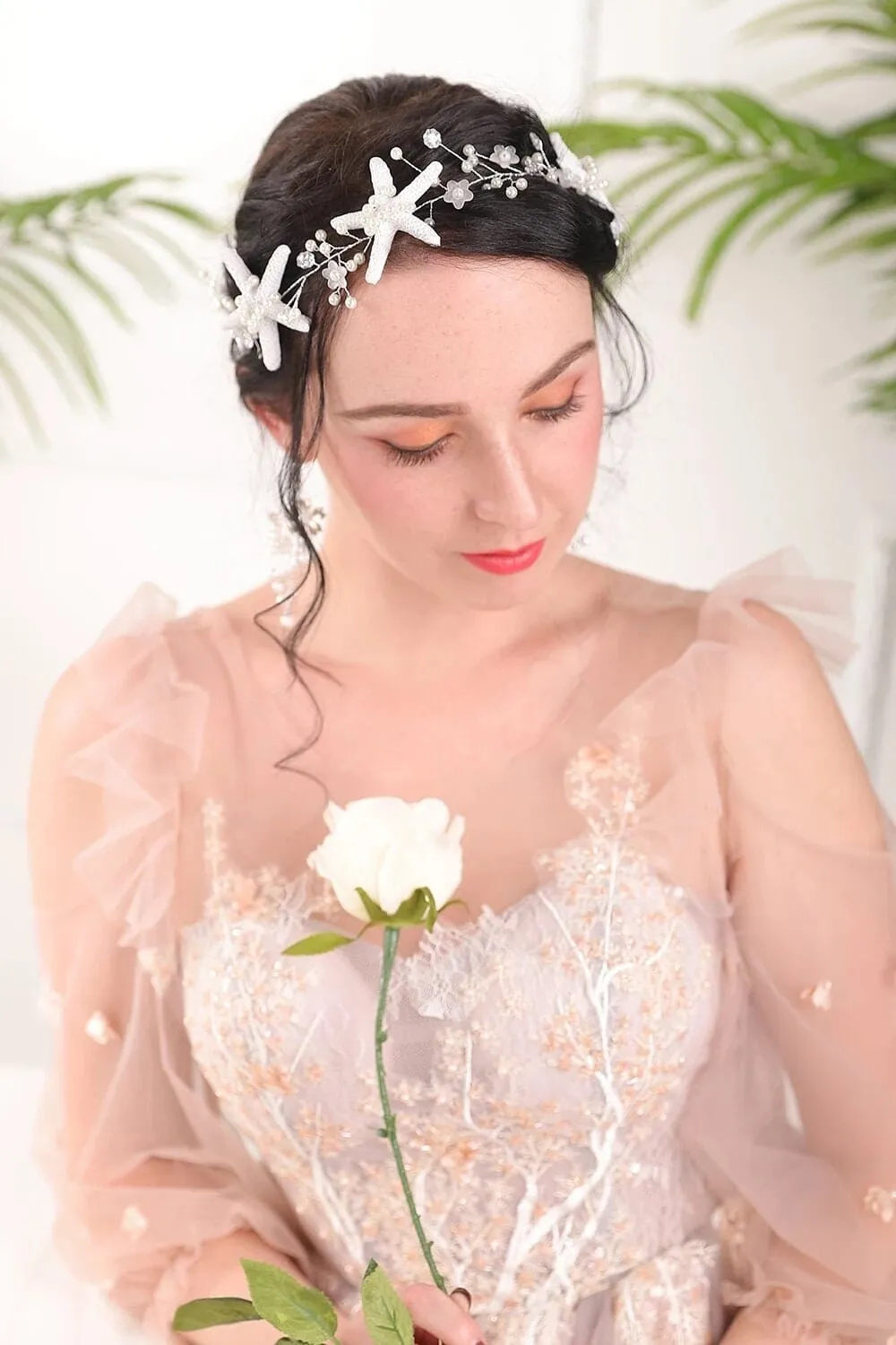 Starfish Pearl Hair Vine, Beach Wedding Headpiece, Bridal Mermaid Style Hair Wire Tiara, Starfish Head Wreath
