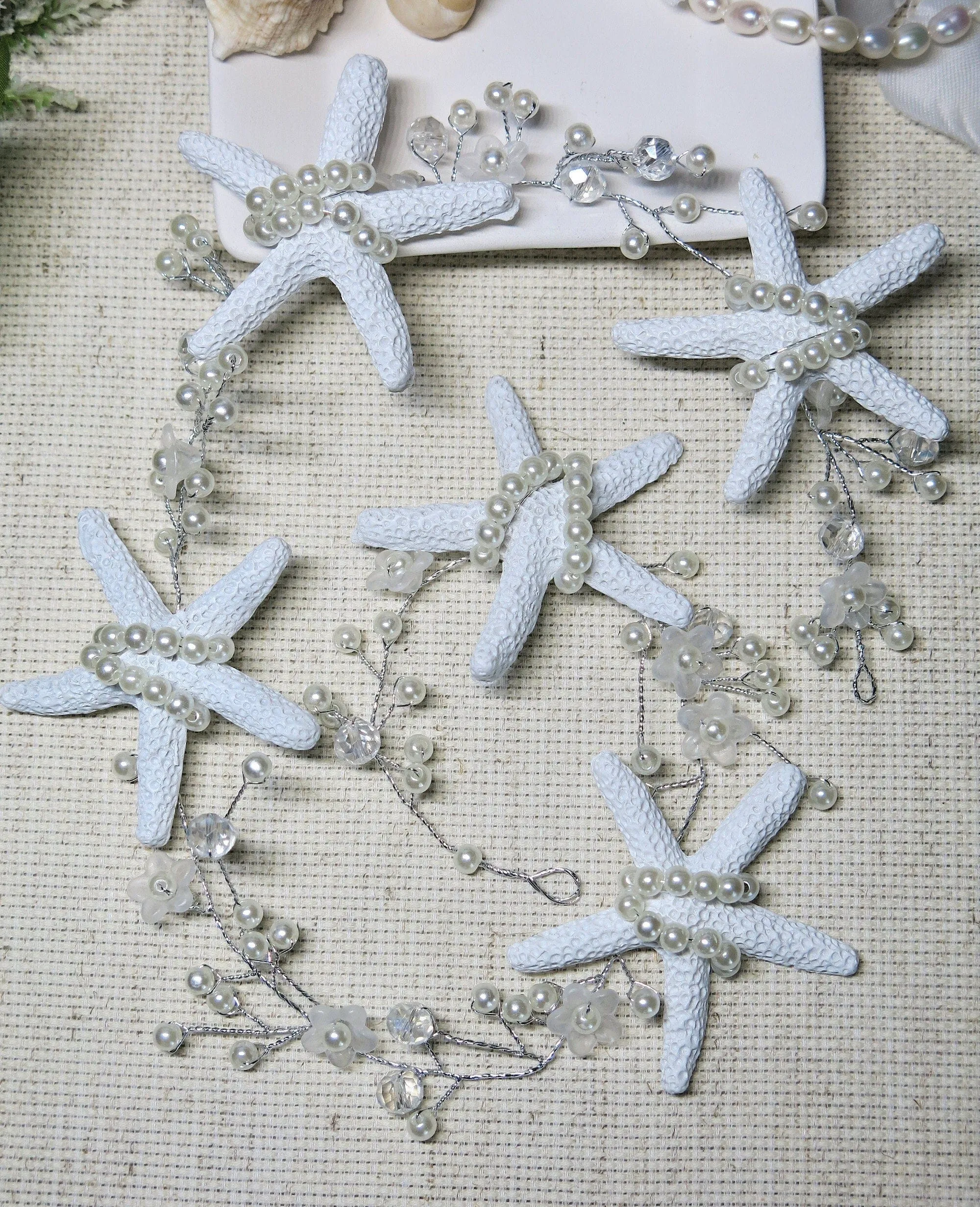 Starfish Pearl Hair Vine, Beach Wedding Headpiece, Bridal Mermaid Style Hair Wire Tiara, Starfish Head Wreath