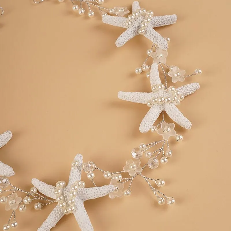 Starfish Pearl Hair Vine, Beach Wedding Headpiece, Bridal Mermaid Style Hair Wire Tiara, Starfish Head Wreath