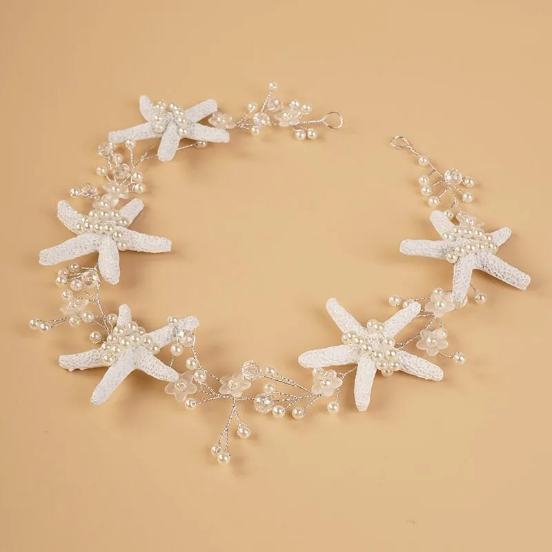 Starfish Pearl Hair Vine, Beach Wedding Headpiece, Bridal Mermaid Style Hair Wire Tiara, Starfish Head Wreath