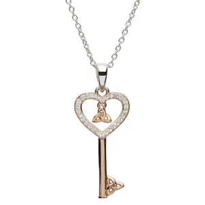Sterling Silver Rose Gold Plated Celtic Trinity Knot Key Pendant Encrusted with Swarovski Crystal with Chain SW108