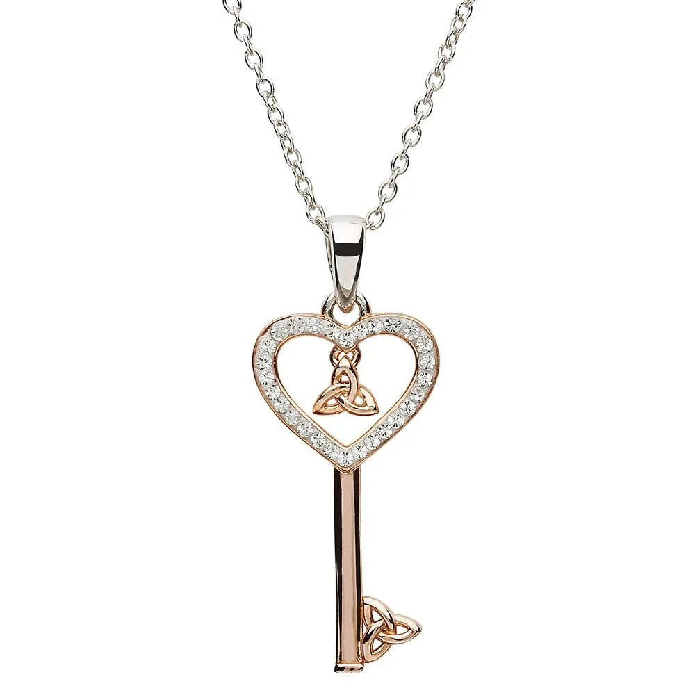 Sterling Silver Rose Gold Plated Celtic Trinity Knot Key Pendant Encrusted with Swarovski Crystal with Chain SW108
