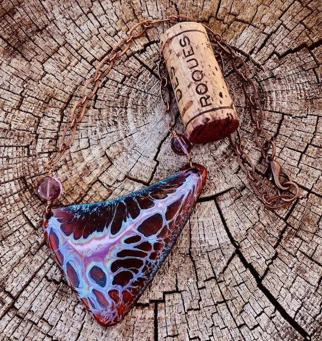 Triangular copper enamel pendant necklace on copper chain
