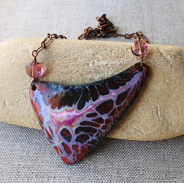 Triangular copper enamel pendant necklace on copper chain