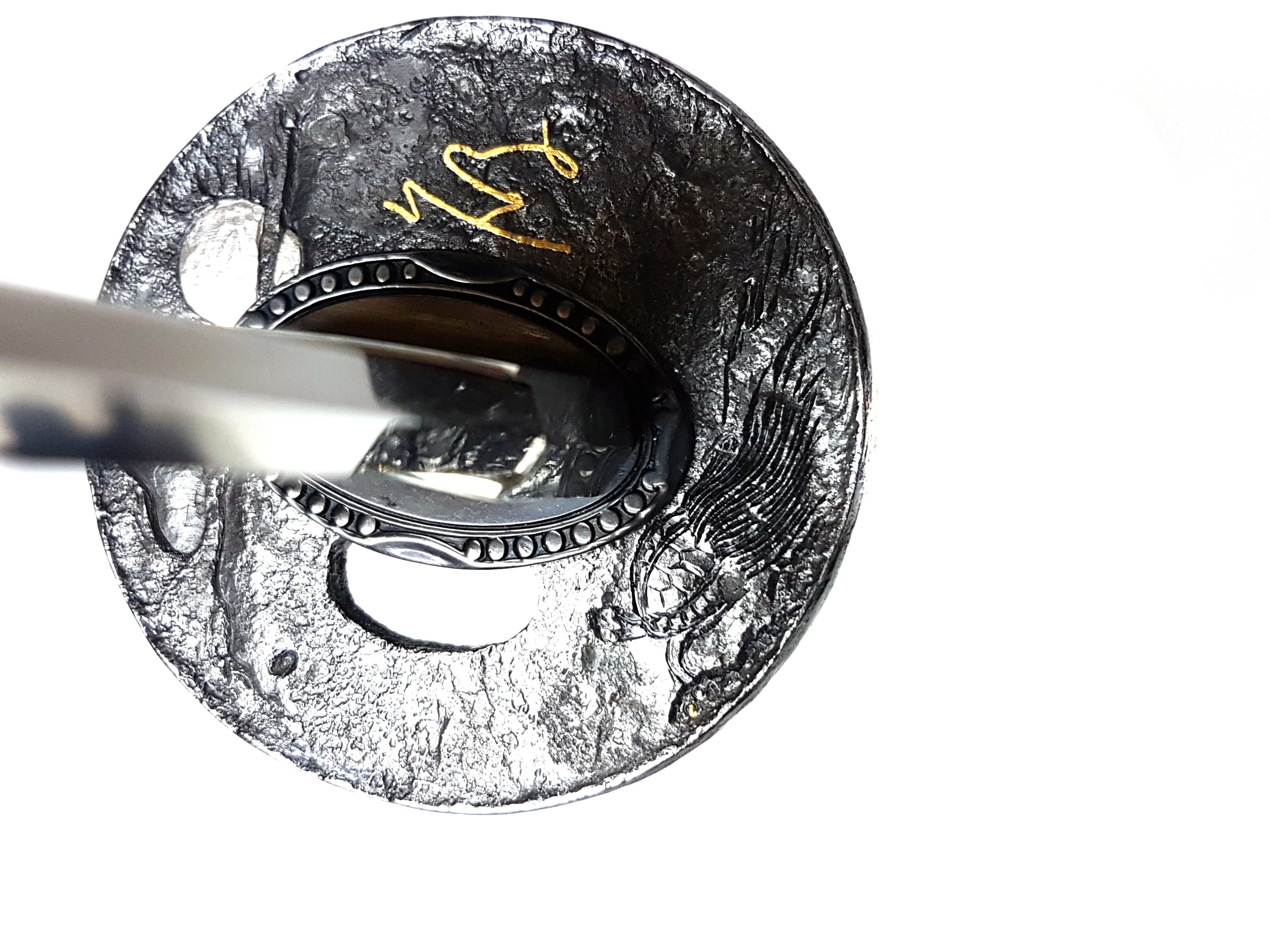Turtle-themed katana with hand carved iron tsuba