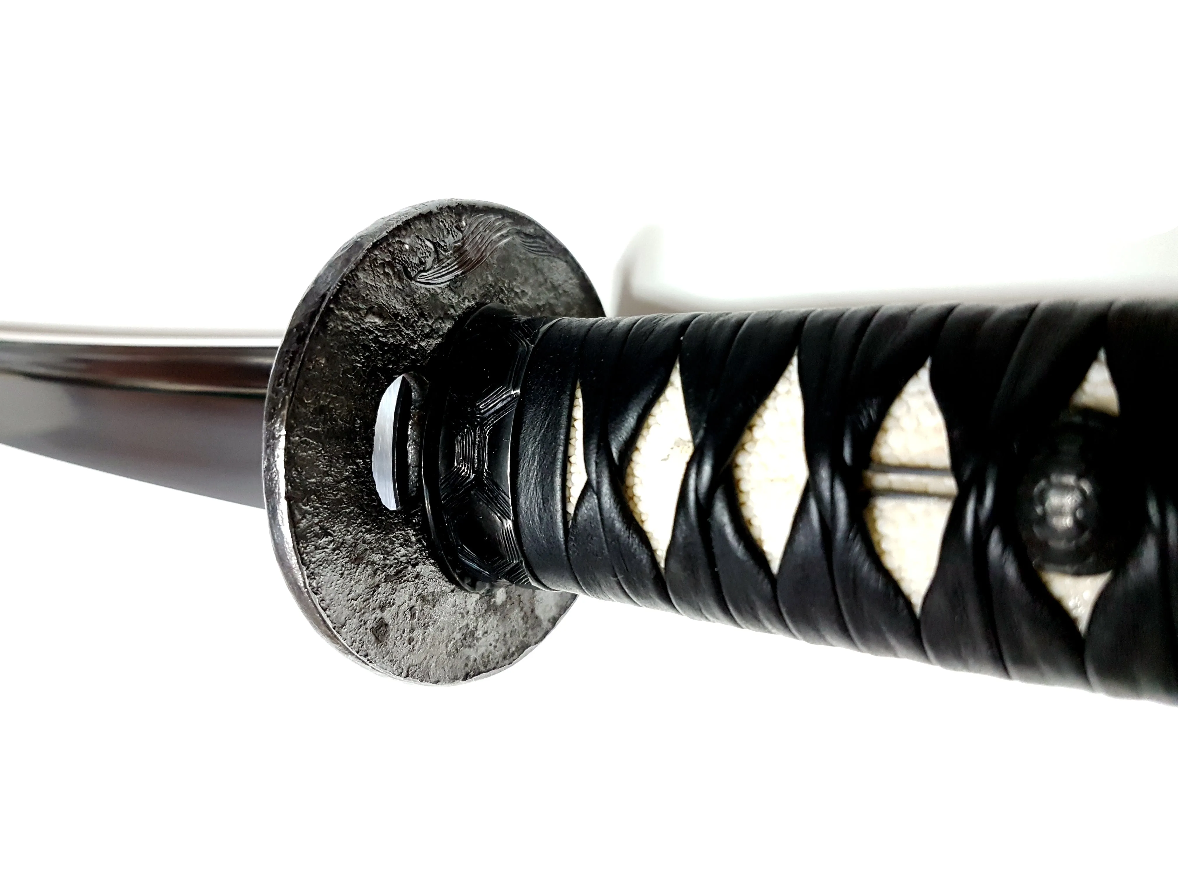 Turtle-themed katana with hand carved iron tsuba