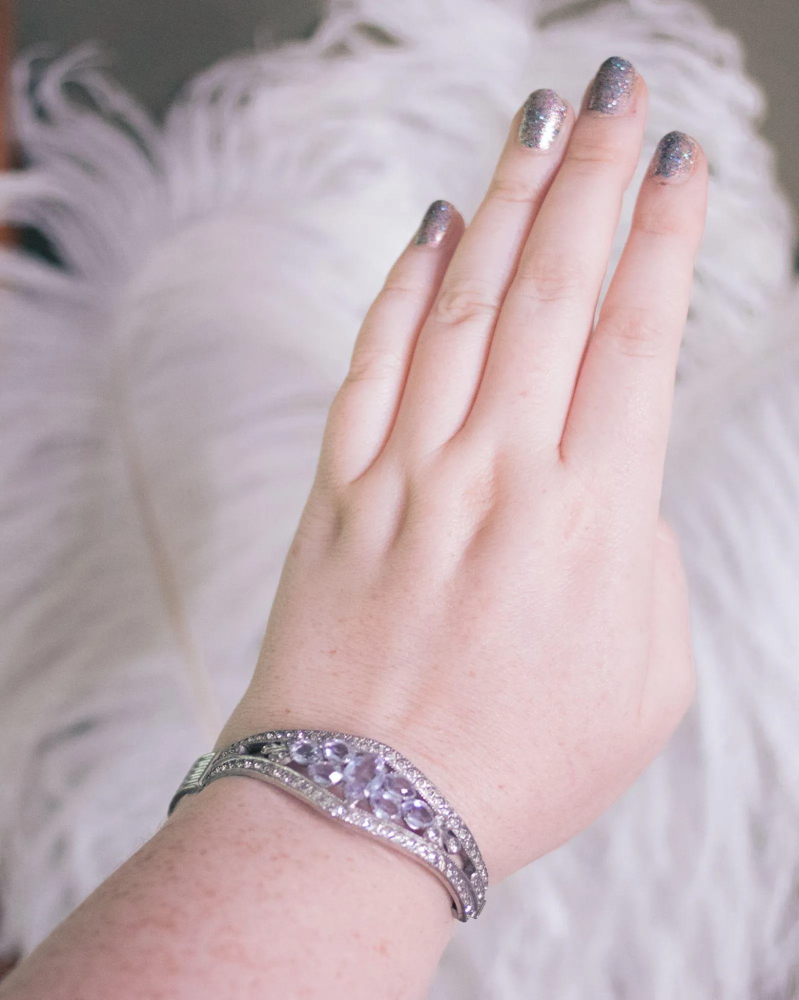Vintage Art Deco Tanzanite Crystal and Rhinestone Hinged Bangle Bracelet